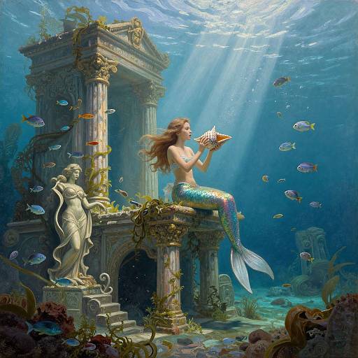 Digital artwork of a mermaid with long brown hair, topless, sitting on ancient ruins underwater, holding a fish, surrounded by colorful marine life and