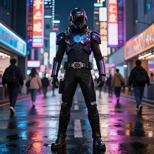 Cyberpunk street scene: armored figure with glowing blue chest emblem stands in rain-soaked, neon-lit alley, surrounded by blurred pedestrians.