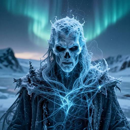 Photorealistic digital art of a skeletal, ethereal figure with glowing blue energy, icy hair, and Nordic attire, standing under a vibrant aurora