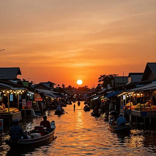 Photograph of a vibrant sunset over a bustling floating market, with boats and stalls on both sides, reflecting warm orange and yellow hues on the water.