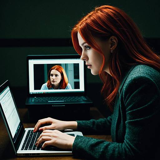 Woman with Red Hair Watching Laptop