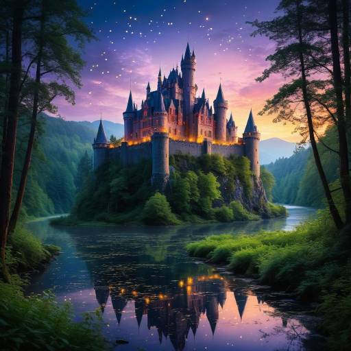 Majestic Castle in Enchanted Forest at Dusk Majestic Castle in Enchanted Forest at Dusk
