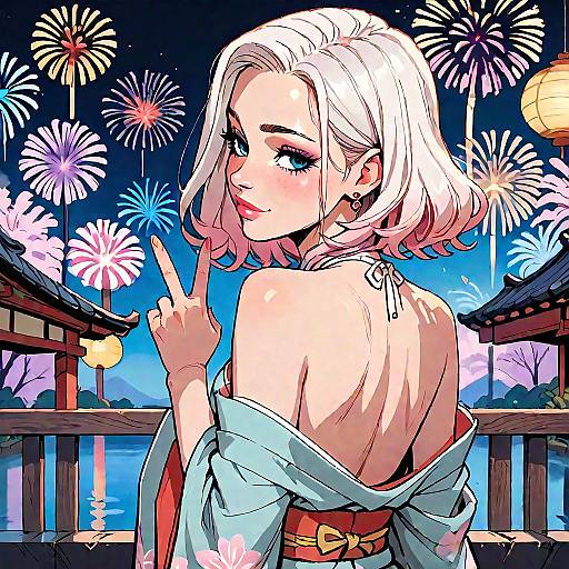 Blushing Girl in Kimono with Fireworks