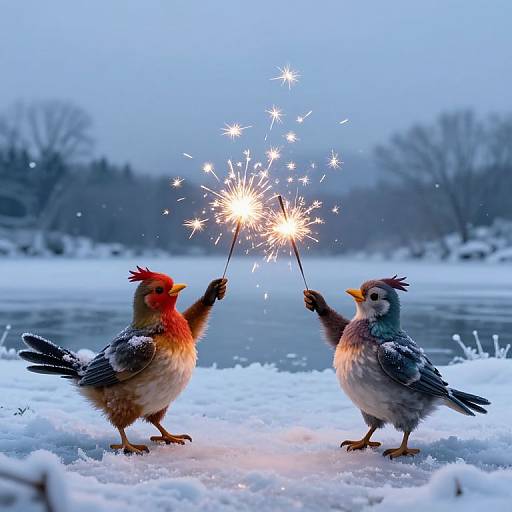 Photograph of two colorful birds, one red and one blue, standing on snowy ground, holding sparklers and lighting them together.