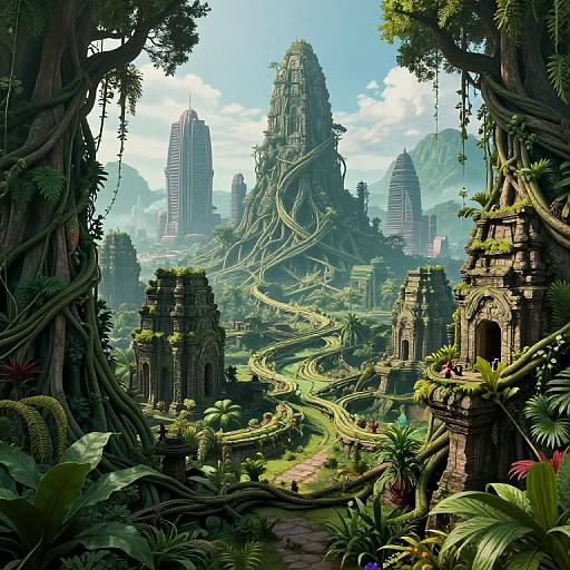 Fantastical CGI artwork of a lush, jungle city with towering, vine-covered ruins, winding green paths, and futuristic skyscrapers in the background