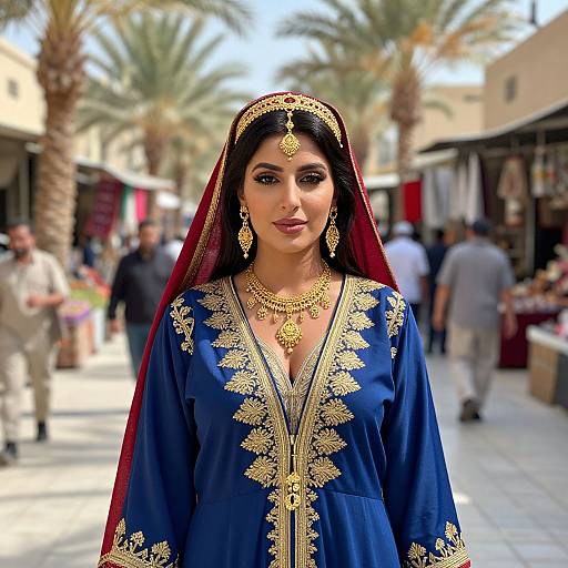 Photograph of a South Asian woman in a blue embroidered traditional dress, red veil, gold jewelry, standing in a sunlit market street with palm trees