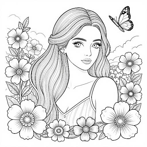 Intricate Woman with Flowers Coloring Page
