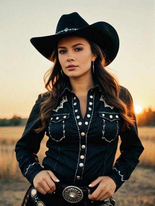 Woman in Black Cowgirl Outfit at Sunset