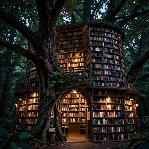 Photograph of a cylindrical, tree-encircled library with illuminated bookshelves, arched entrance, and warm lighting, nestled in a dark