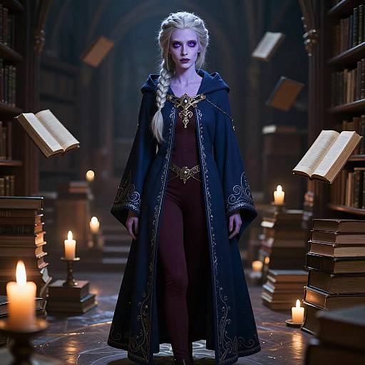 Photograph of a pale-skinned, blonde-haired woman in a dark, ornate robe, standing in a dimly lit, candlelit library with
