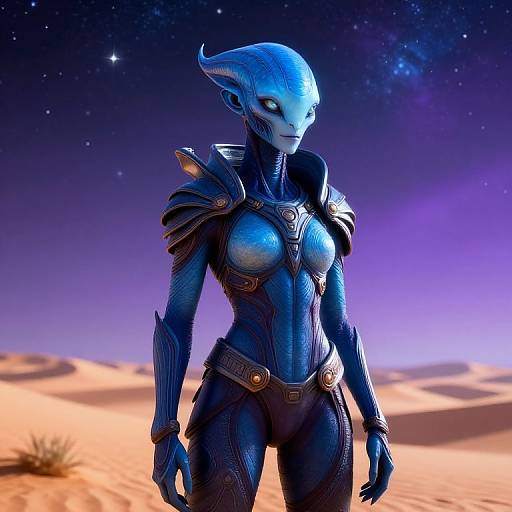 CGI image of a blue-skinned, alien female warrior with sleek armor and pointed head, standing in a starry, desert night sky.