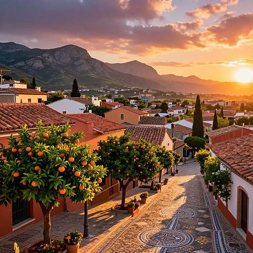 Photograph of a sunlit Spanish village with orange trees, red-tiled roofs, cobblestone street, mountain backdrop, and vibrant sunset sky.
