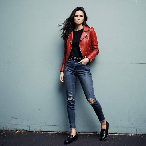Woman in Red Leather Jacket and Distressed Jeans