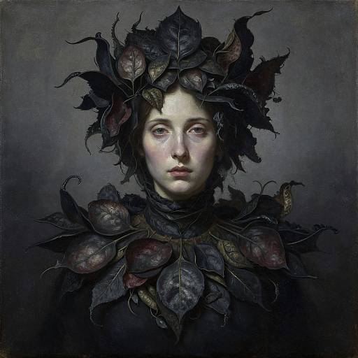 Digital painting of a pale-skinned woman with leafy, dark brown crown and collar, featuring detailed veins, against a dark gray background. Ethereal