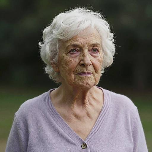 Photograph of an elderly woman with short, white curly hair, wearing a light purple V-neck sweater, standing outdoors with a blurred green background.