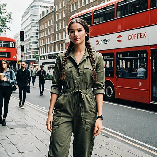 Woman in Khaki Utility Jumpsuit in London Street