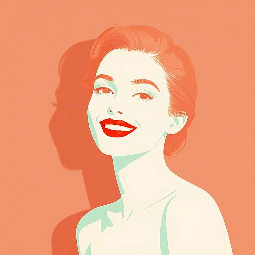 Digital pop art portrait of a smiling woman with red lipstick, white skin, and short red hair against a vibrant coral background.