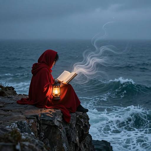 Photograph: Hooded figure in red robe reads glowing book on rocky cliff, steam rising, lantern lit, ocean waves crashing, overcast sky.