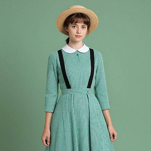 Photograph of a young woman with fair skin, brown hair, and a straw hat, wearing a teal and black checkered dress with white collar and