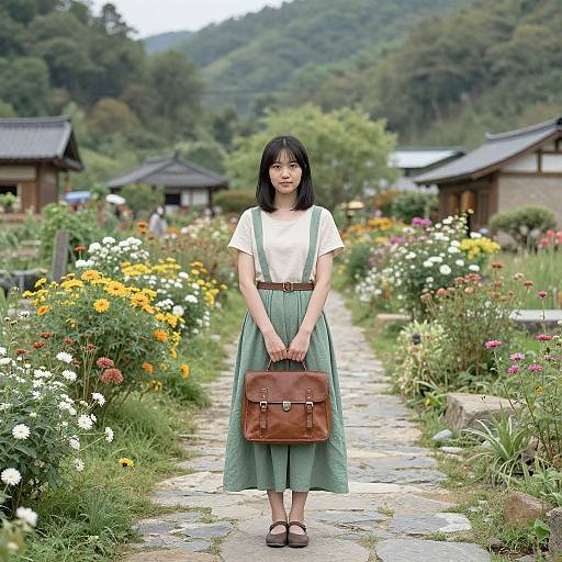 Young Woman in Lush Asian Garden
