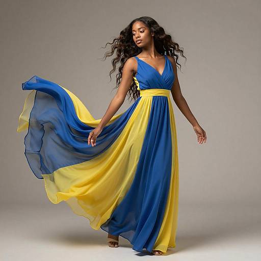 Woman in Flowing Blue and Yellow Dress