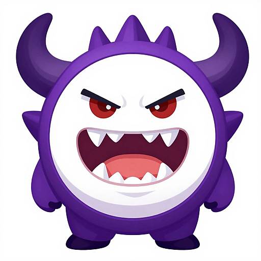Digital drawing of a cute, round, purple demon with white face, red eyes, sharp fangs, small horns, and a fierce expression.