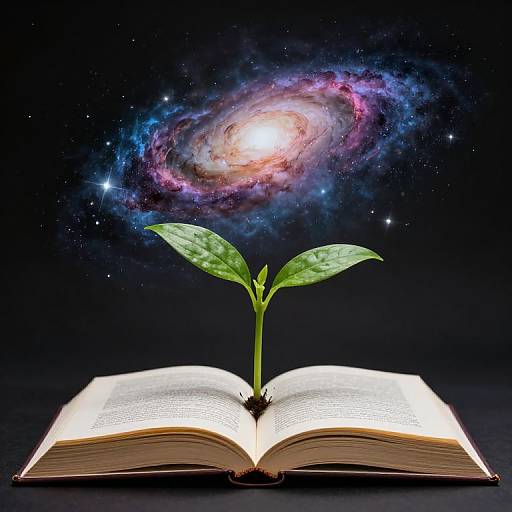 Photograph of an open book with a green seedling emerging from its center, against a starry night sky with a colorful galaxy.