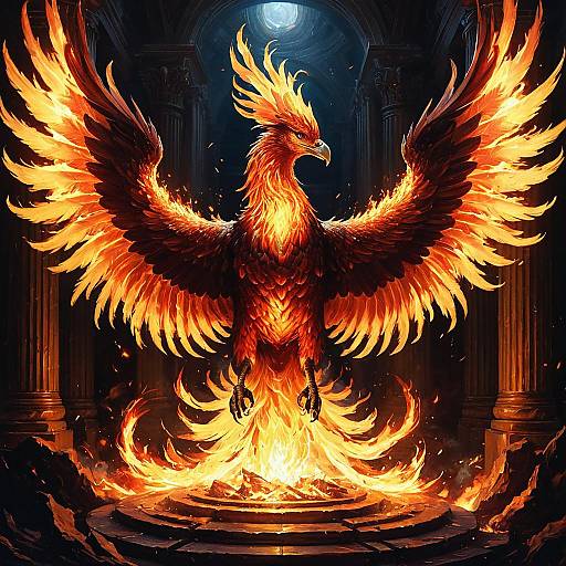 Radiant Phoenix Rising in Ancient Temple