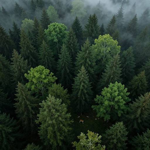 Aerial photograph of a dense, misty forest with tall, dark evergreens interspersed with bright green deciduous trees. A small herd of