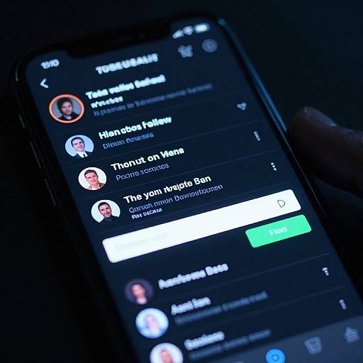Close-up photograph of a smartphone screen displaying a social media app interface with user profiles, profile pictures, and a 