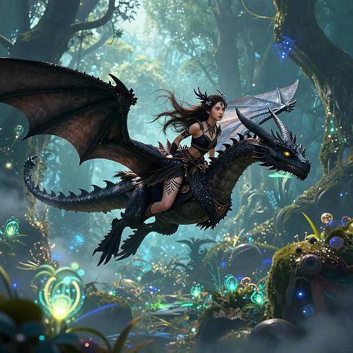 Digital fantasy artwork of a dark-haired woman with a black dragon, flying through a magical forest filled with glowing orbs and enchanted plants.