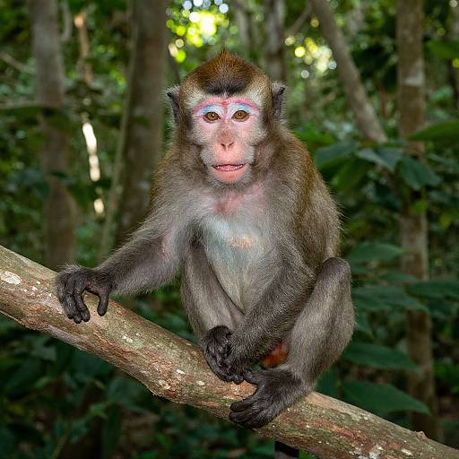 Photograph of a curious brown monkey with pink facial markings, sitting on a tree branch in a dense, green forest.