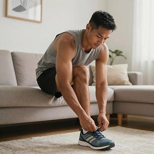 Athletic Pacific Islander Man Putting On Shoes