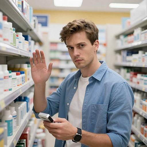 Intense Man in Pharmacy Aisle