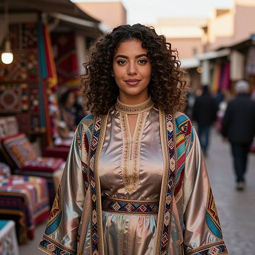 Photograph of a curly-haired woman with medium brown skin, wearing an ornate silver and colorful embroidered robe, standing in a bustling, colorful marketplace at