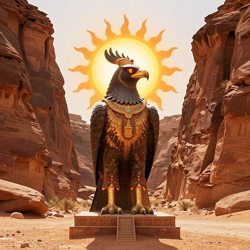 Digital artwork of a majestic, golden-crowned eagle statue with elaborate jewelry, standing in a desert canyon with a glowing sun behind. Red sandstone cliffs