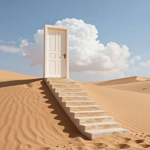 Photograph of a white door on a stone staircase in a bright, sandy desert with a blue sky and fluffy clouds.
