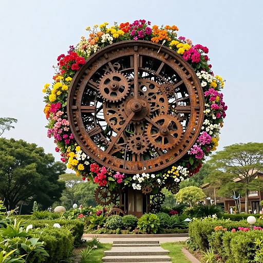 Photograph of a rusted, large gear-shaped metal sculpture adorned with vibrant flowers, set in a lush, well-manicured garden with trees and