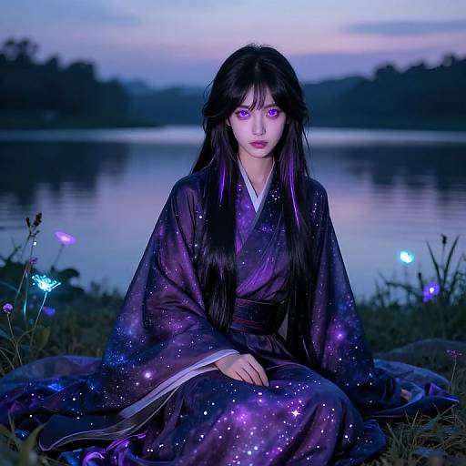 Digital art of a pale-skinned woman with long black hair, wearing a starry purple kimono, sitting by a twilight lake with glowing flowers.