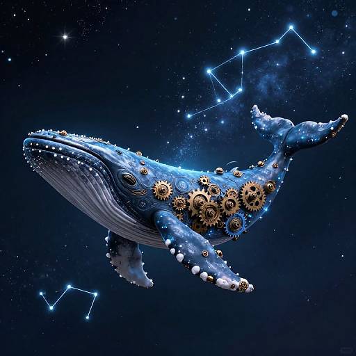 Digital artwork of a blue, gear-adorned whale with glowing constellations in a starry night sky, blending marine life and celestial themes.