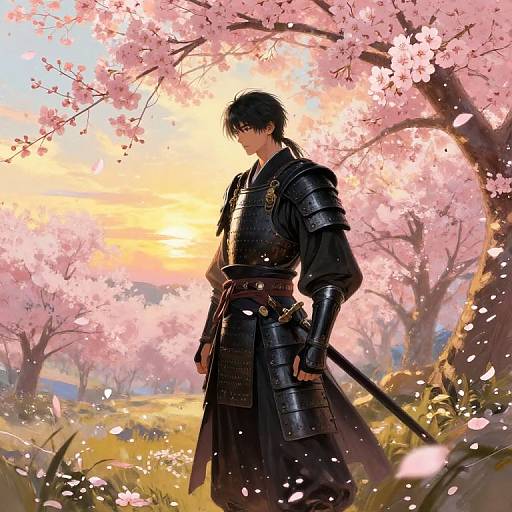 Digital anime-style drawing of a samurai in black armor standing under blooming cherry blossoms at sunset, holding a sword, petals falling around him.