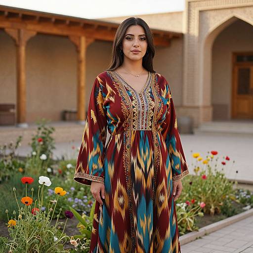 Photograph of a young woman with long dark hair in a colorful, patterned, long-sleeve dress, standing in a courtyard with blooming