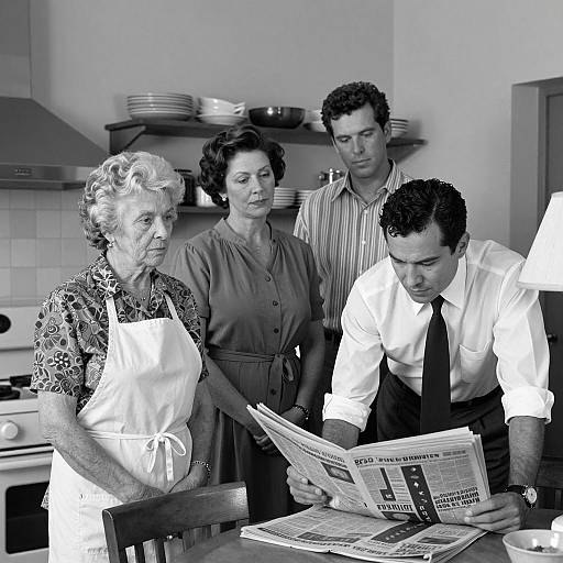 Family Reading Newspaper in Kitchen