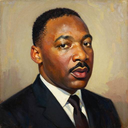 Oil painting of a serious African-American man with a mustache, wearing a black suit, white shirt, and black tie, against a beige background.