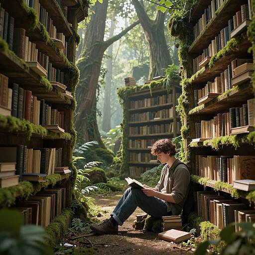 Photograph-style digital art: Young man with curly hair, wearing gray shirt and blue jeans, sits between moss-covered, towering bookshelves in a