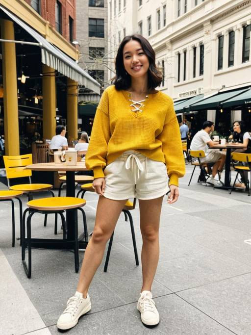 Woman in Yellow Pullover and White Shorts in Urban Plaza