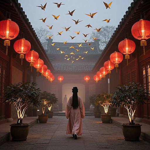 Photograph of a woman in a pink robe walking down a traditional Chinese courtyard, surrounded by red lanterns, paper butterflies, and potted plants.