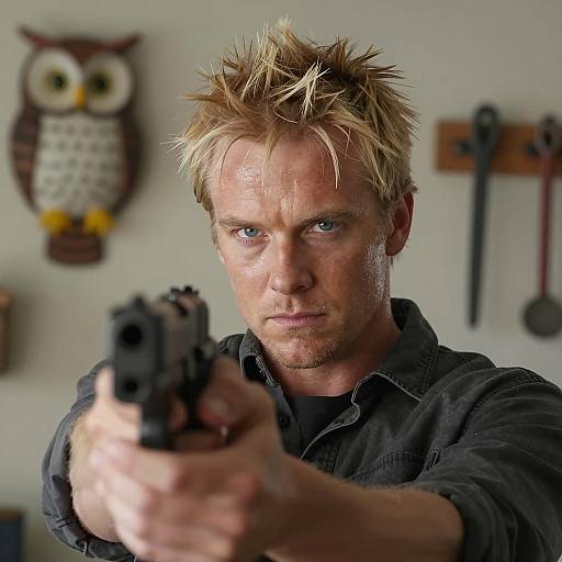 Blond Man Aiming Handgun with Serious Expression