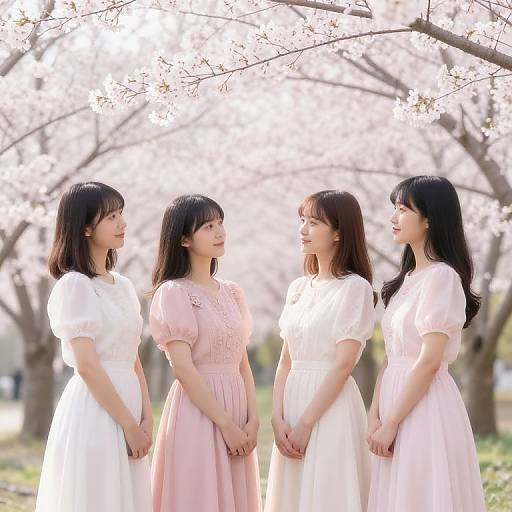 Photograph of four Asian women in white and pink dresses standing under cherry blossom trees, looking at each other with soft smiles.