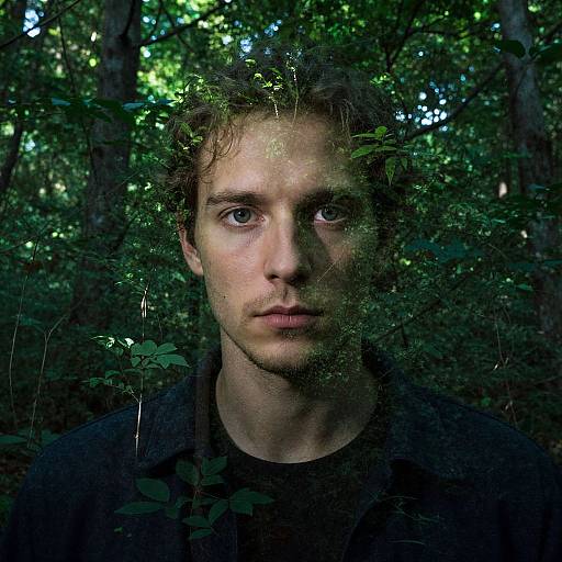 Photograph of a young man with fair skin, blue eyes, and wavy brown hair, partially obscured by dense forest foliage, wearing a dark shirt
